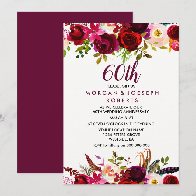 Invitación Elegante Aniversario de la Floral Borgoña 60 Boda (Anverso / Reverso)