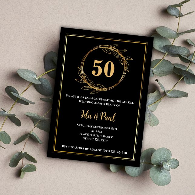 Invitación Elegante Aniversario de la Hoja de Oro Negro 50° B (Elegant Black Gold Leaf 50th Wedding Anniversary Invitation)
