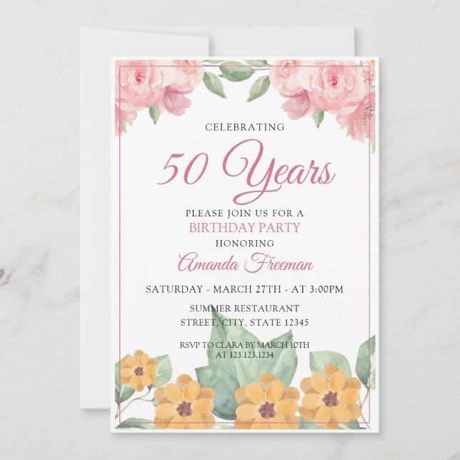 Invitación Elegante Aniversario de la Madre Floral Amarilla y (Anverso)