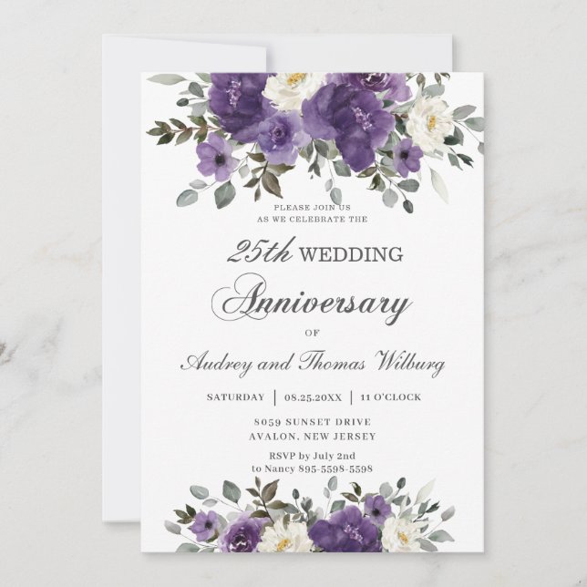 Invitación Elegante Aniversario del Boda de la Flora Púrpura  (Anverso)