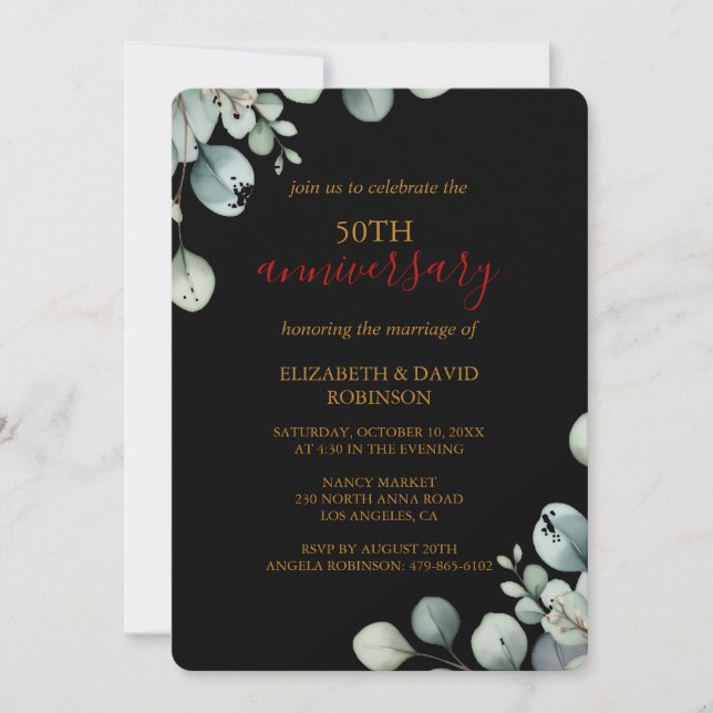 Invitación Elegante Aniversario del Boda Negro Oro 50 (Anverso)