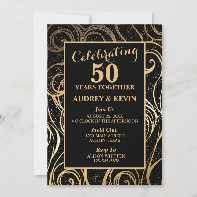 Invitación Elegante Aniversario del Boda Negro y Oro 50 (Anverso)