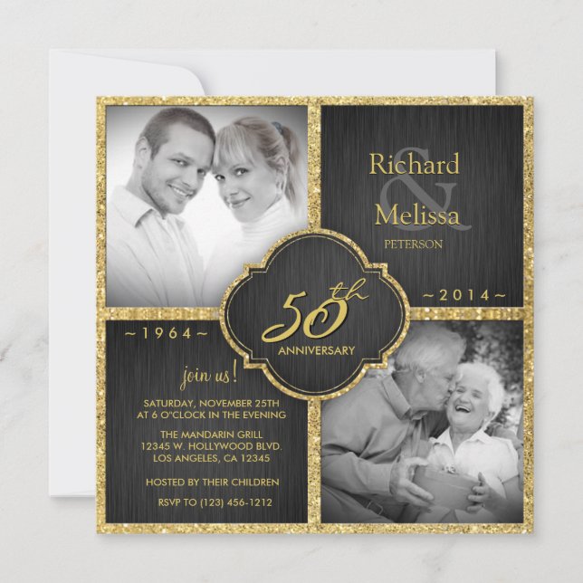 Invitación Elegante Aniversario del Boda Negro y Oro 50 (Anverso)