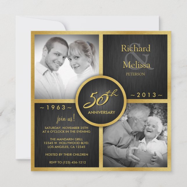 Invitación Elegante Aniversario del Boda Negro y Oro 50 (Anverso)