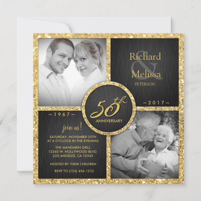 Invitación Elegante Aniversario del Boda Negro y Oro 50 (Anverso)