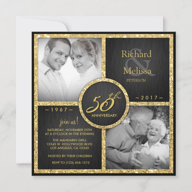 Invitación Elegante Aniversario del Boda Negro y Oro 50 (Anverso)