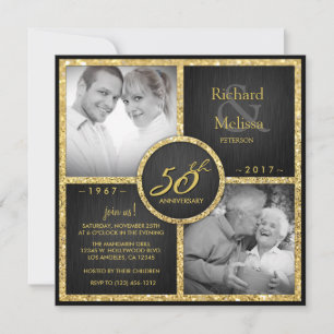 Invitación Elegante Aniversario del Boda Negro y Oro 50
