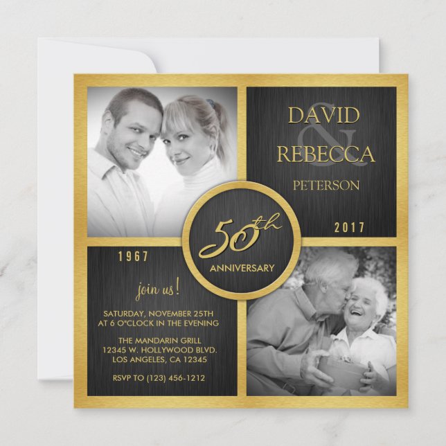 Invitación Elegante Aniversario del Boda Negro y Oro 50 (Anverso)