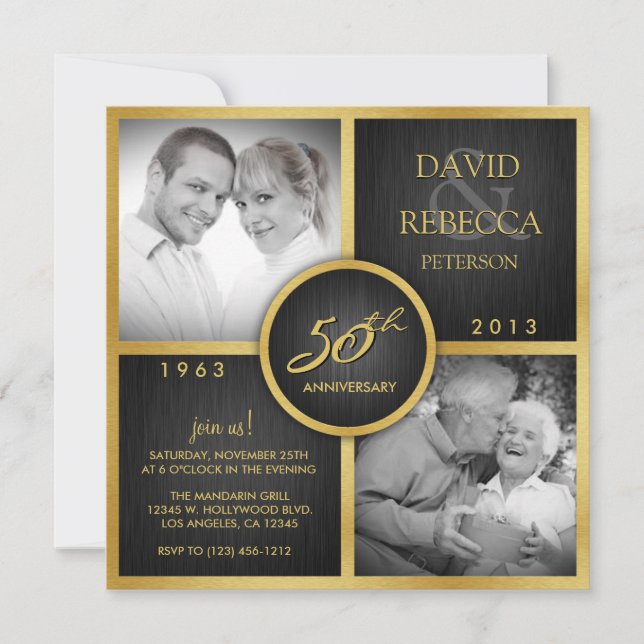 Invitación Elegante Aniversario del Boda Negro y Oro 50 (Anverso)