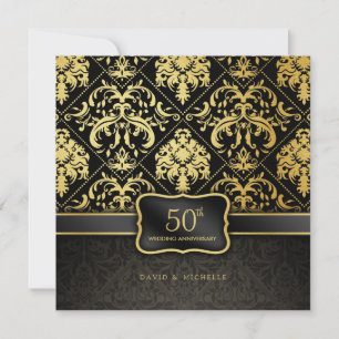 Invitación Elegante Aniversario del Boda Negro y Oro 50