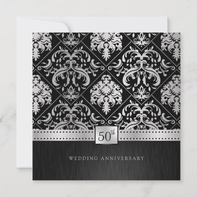 Invitación Elegante Aniversario del Boda Negro y Plata 50 (Anverso)
