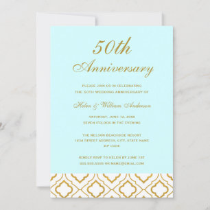 Invitación Elegante Aniversario del Boda Oro y Azul 50
