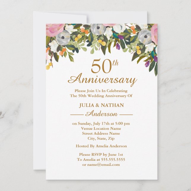 Invitación Elegante Aniversario del Boda Rosa Floral 50 (Anverso)