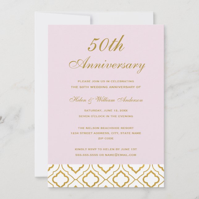 Invitación Elegante Aniversario del Oro y el Boda Rosa 50 (Anverso)