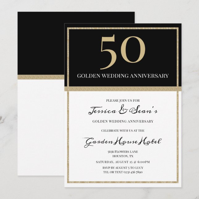 Invitación Elegante Aniversario del Oro y el Negro 50° Boda (Anverso / Reverso)