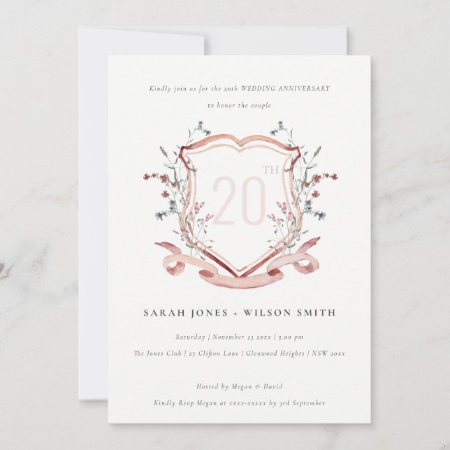 Invitación Elegante aniversario Escudo de Monograma de Flor S (Anverso)