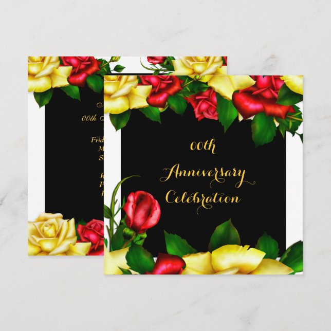 Invitación Elegante Aniversario Fiesta Roses Rojas Amarillas  (Anverso / Reverso)