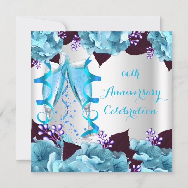 Invitación Elegante Aniversario Fiesta Verde azulado Azul Púr (Anverso)