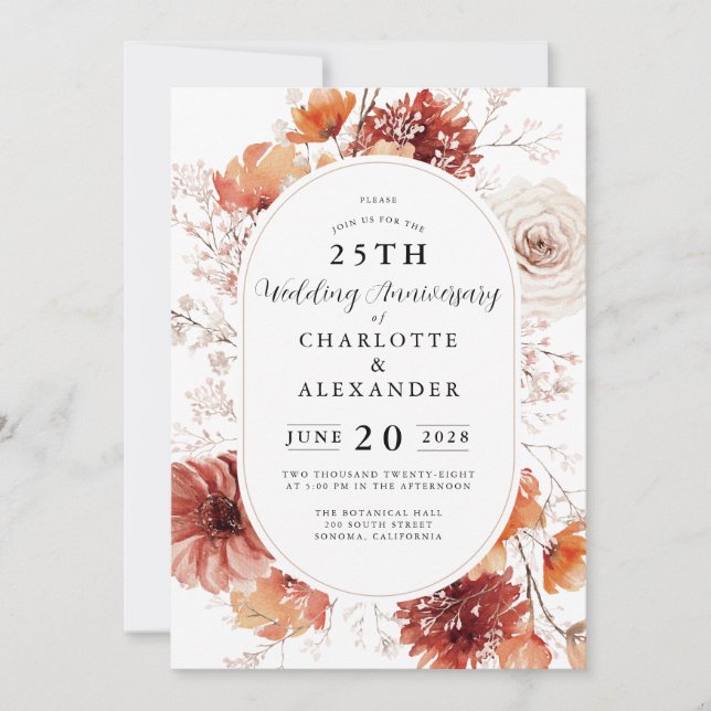 Invitación Elegante aniversario floral 25° Boda (Anverso)