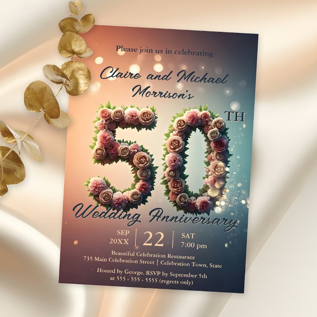 Invitación Elegante aniversario floral 50° Boda (Subido por el creador)