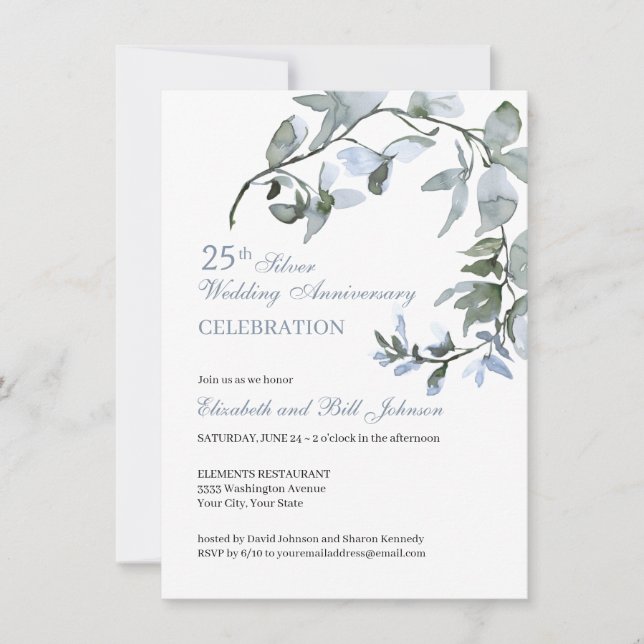 Invitación Elegante aniversario floral azul 25 Boda (Anverso)