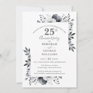 Invitación Elegante aniversario floral plateada 25° Boda