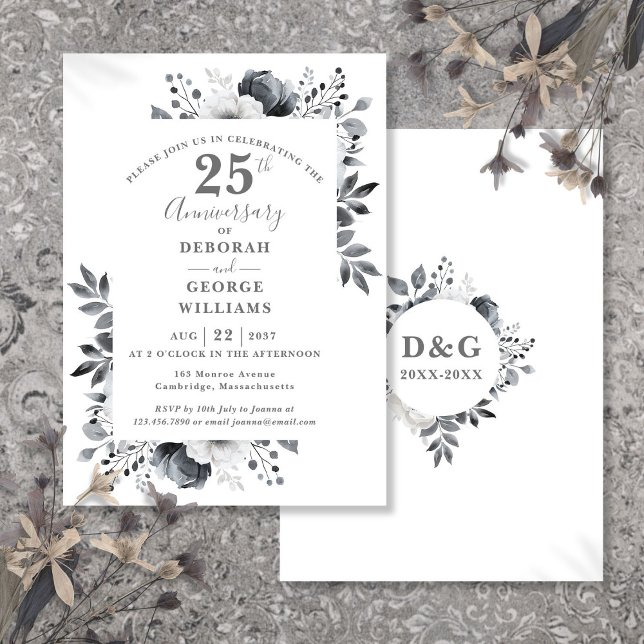 Invitación Elegante aniversario floral plateada 25° Boda (Elegant Silver Floral 25th Wedding Anniversary Invitation)