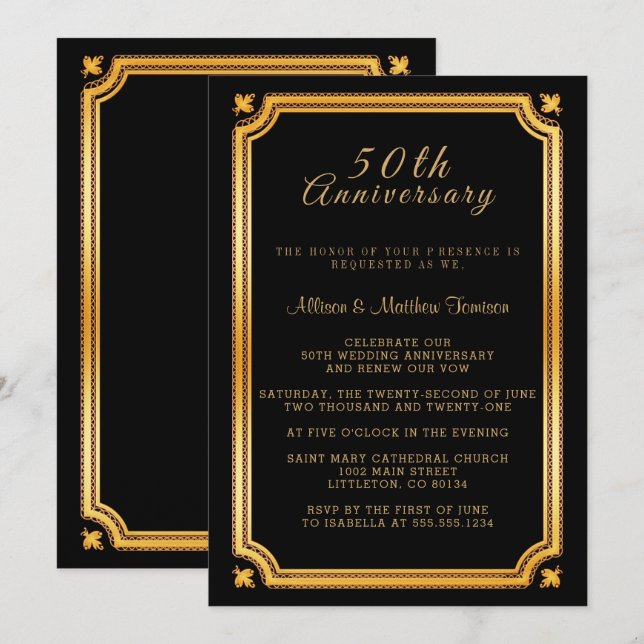 Invitación Elegante aniversario negro y dorado (Anverso / Reverso)