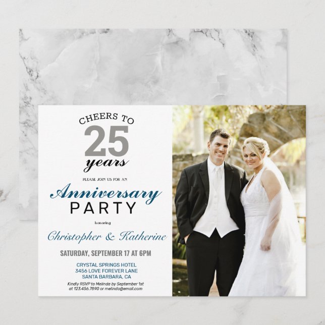 Invitación Elegante aniversario plateado 25 Boda (Anverso / Reverso)
