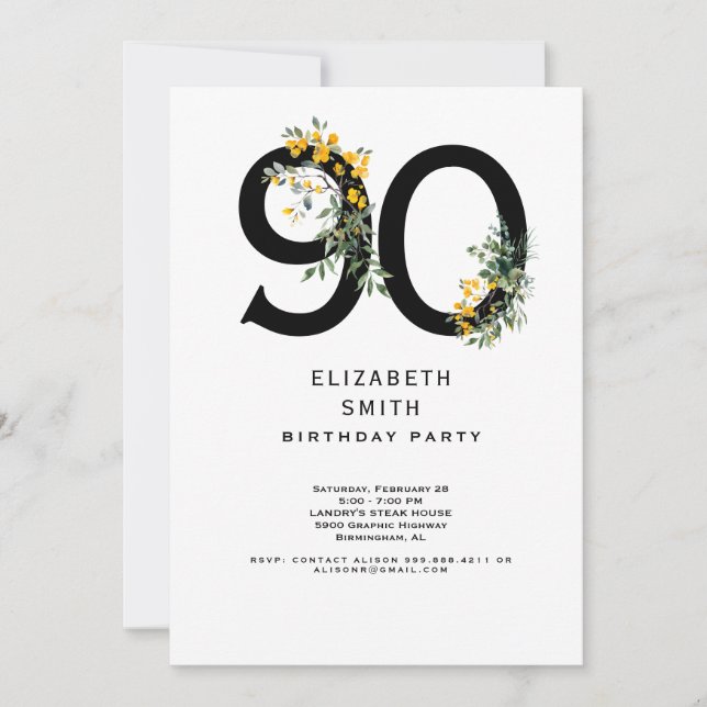 Invitación Elegante Año Floral Amarillo Fiesta de Cumpleaños  (Anverso)