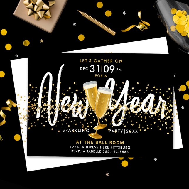 Invitación Elegante Año Nuevo Champagne Gold Confetti Negro (Subido por el creador)