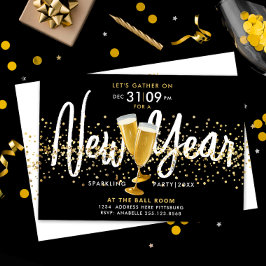Invitación Elegante Año Nuevo Champagne Gold Confetti Negro