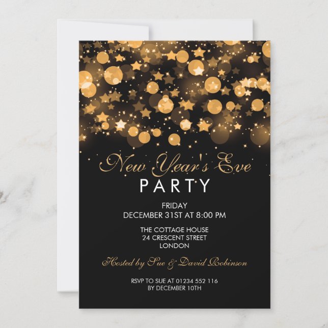 Invitación Elegante Año Nuevo Eve Fiesta Estrellas de oro (Anverso)