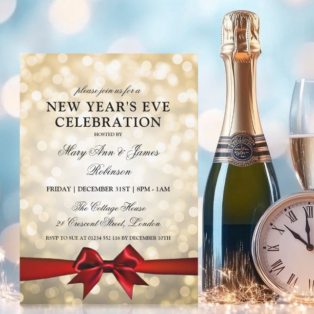 Invitación Elegante Año Nuevo Eve Gold Bokeh ilumina Red Bow (Elegant New Years Eve Gold Bokeh Lights Red Bow Invitation)