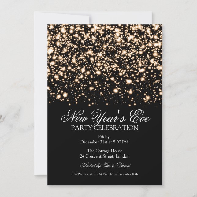 Invitación Elegante Año Nuevo Eve Gold Midnight Glam (Anverso)