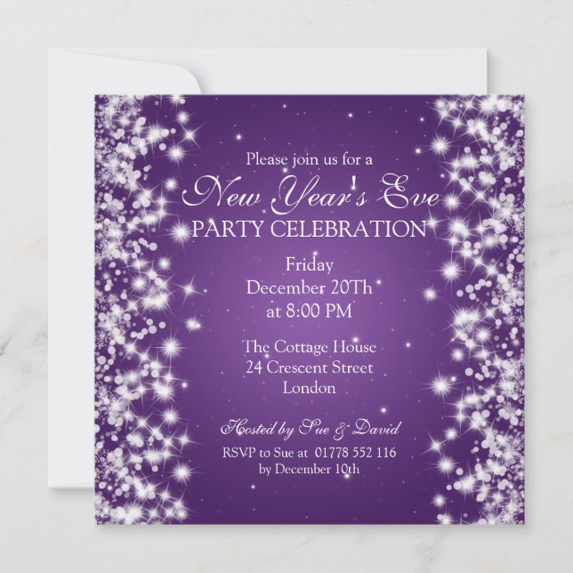 Invitación Elegante Año Nuevo Eve Invierno Sparkle Purple (Anverso)