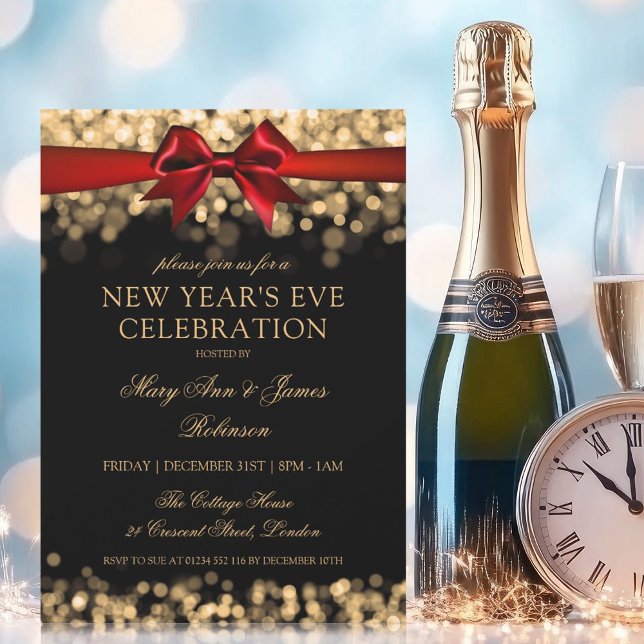 Invitación Elegante Año Nuevo Eve Luces Brillantes De Oro (Elegant New Years Eve Gold Shimmering Lights Bow Invitation)
