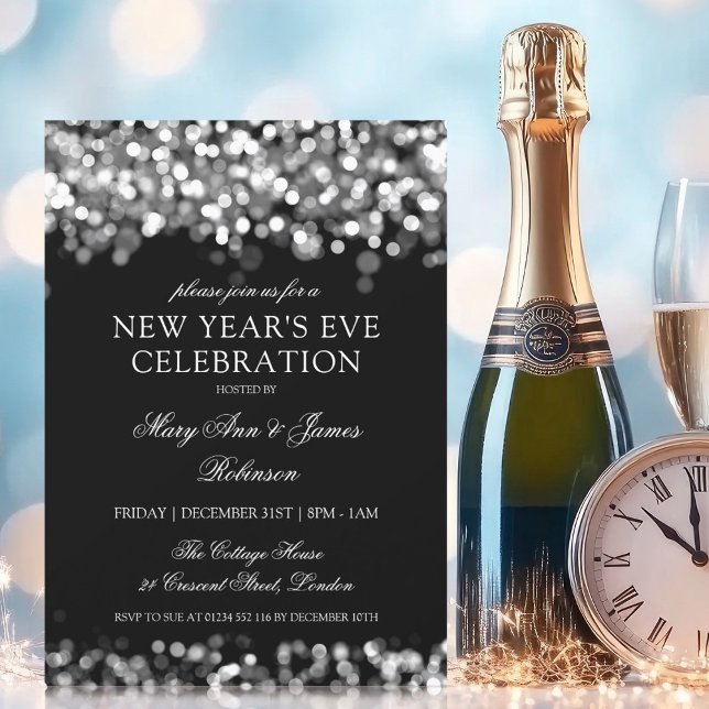 Invitación Elegante Año Nuevo Eve Luces Brillantes De Plata (Elegant New Years Eve Silver Shimmering Lights Invitation)