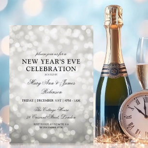 Invitación Elegante Año Nuevo Eve Luces de Bokeh Plateado