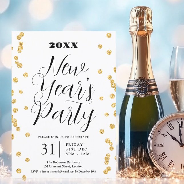 Invitación Elegante Año Nuevo Eve Purpurina de Oro Confetti (Elegant New Years Eve Gold Glitter Confetti Invitation)