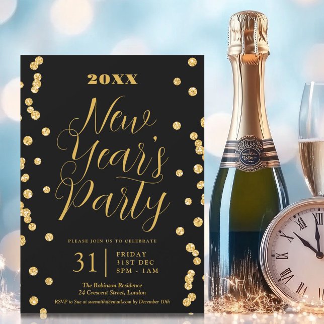 Invitación Elegante Año Nuevo Eve Purpurina de oro Confetti N (Subido por el creador)