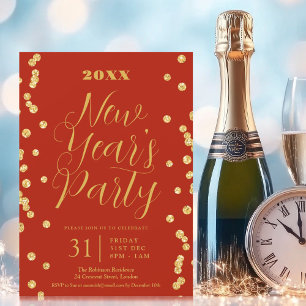 Invitación Elegante Año Nuevo Eve Purpurina Oro Confetti Rojo