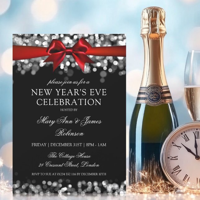 Invitación Elegante Año Nuevo Eve Silver Luces Brillantes (Elegant New Years Eve Silver Shimmering Lights Bow Invitation)