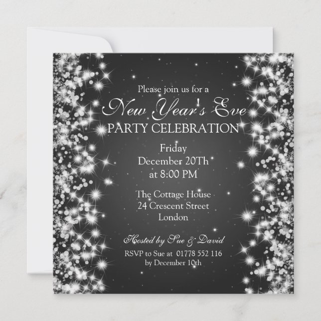 Invitación Elegante Año Nuevo Eve Winter Sparkle Black (Anverso)