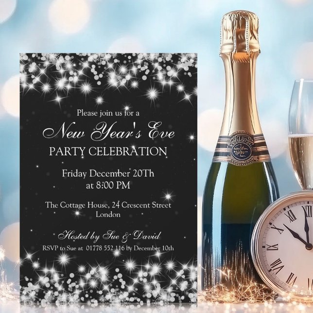 Invitación Elegante Año Nuevo Eve Winter Sparkle Black (Elegant New Years Eve Winter Sparkle Black Invitation)