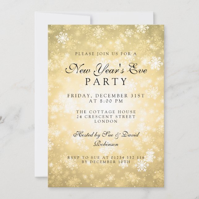 Invitación Elegante Año Nuevo Fiesta Invierno Oro (Anverso)