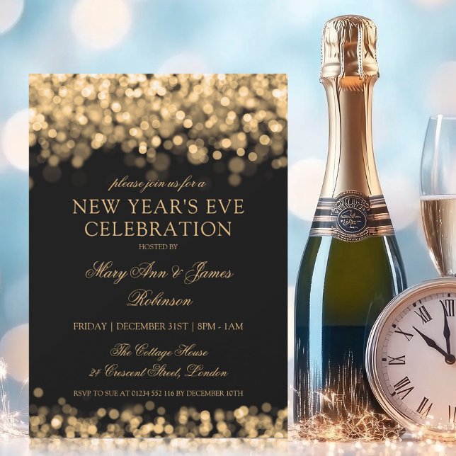 Invitación Elegante Año Nuevo Fiesta Luces de oro brillantes (Subido por el creador)