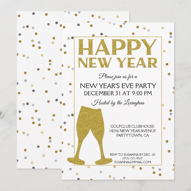 Invitación Elegante Año Nuevo Fiesta Purpurina Confetti (Anverso / Reverso)