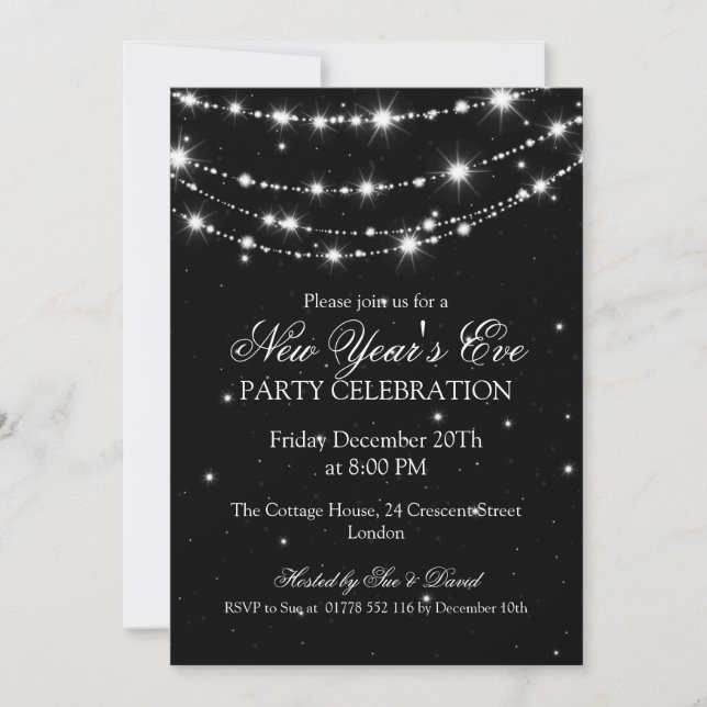 Invitación Elegante Año Nuevo, la cadena de chispas negra (Anverso)