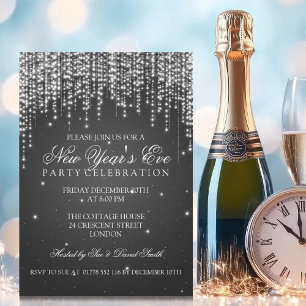 Invitación Elegante Año Nuevo Noche Deslumbrante Negro